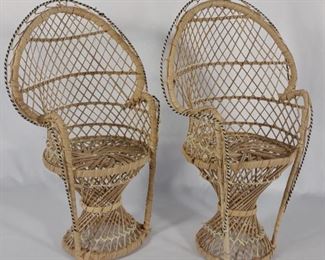 Pair of Vintage Peacock Mini Wicker Doll Chairs