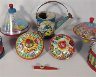 Tin Litho Spin Tops, Drums & Watering Can