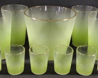 Vintage Blendo Frosted Green Glass Bar Set