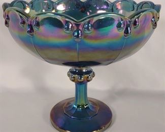 Vintage Blue Carnival Glass Pedestal Garland Bowl