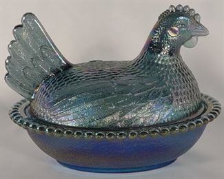 Vintage Carnival Glass Hen / Chicken on Nest Bowl