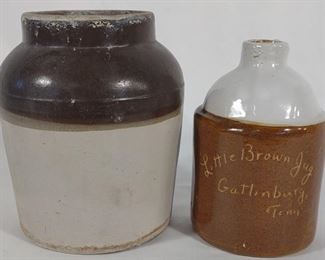 Small 2 Tone Pottery Crock & "Little Brown Jug"