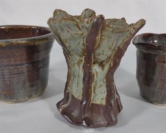 3 Glazed Pottery Art Tea Bowls