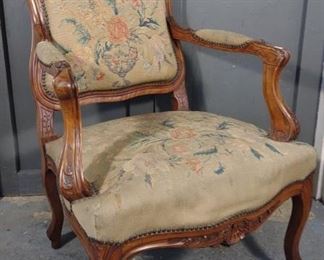 Antique Ornate Wood Trim Upholstered Arm Chair