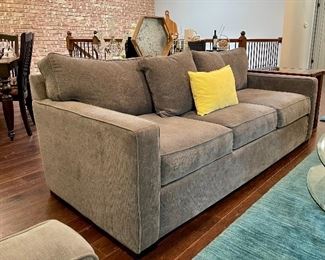 SOLD $350 Solid smoky grey 3 cushion sofa, 85w 33h 39d. Very good condition! Smoke free, comfortable, classic style, minimal wear. 