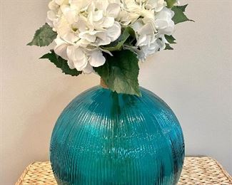 $48 Large teal textured glass vase, flowers included! 13 round by 17 high