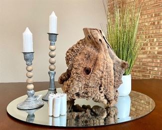 Fantastic finds! Farmhouse taper holders, ceramic bud vase, burl wood sculpture, faux greenery - MAKE IT YOURS! 