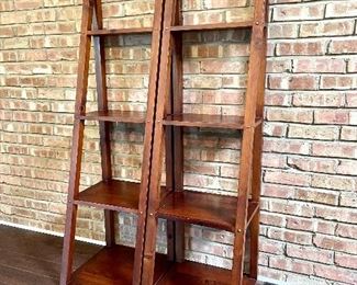 Another view of the wooden leaning display shelves. Well scaled for a smaller space. 