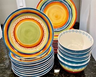 SOLD - $36 Pier One “Feliz Stripes“ dinner plates, set of 9. $28 Pier One “Feliz Stripes” salad plates, set of 9. $14 “Feliz Stripes” bowls, set of 5.