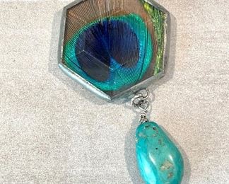 $28 Peacock feather & turquoise pendant, stunning!