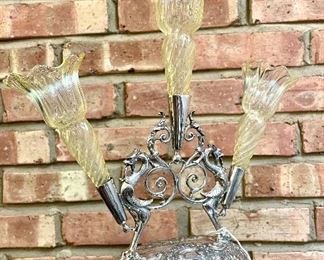 $68 Silver and green glass triple vase, very unusual!