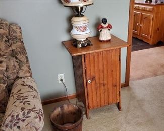 Nice wainscot cabinet and wood bucket