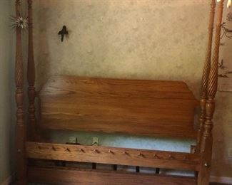 Oak King 4 poster bed with side rails and frame.  Beautifully turned posters.  Great condition