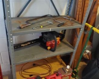 Metal shelves, gas cans, garage tools