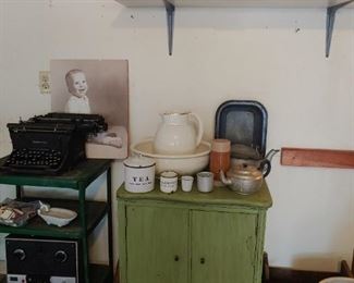 Vintage cabinet, kitchen cart, scales, enamel storage, crock, wash bowl and pitcher, 