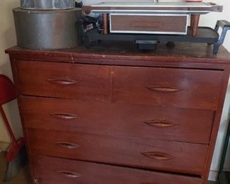Old dresser - needs a makeover. Cake pans, Mid Century warming tray