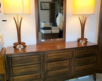 Mid-Century modern Dixie dresser with one mirror. 66"w x 30"h x 18.5"d. 