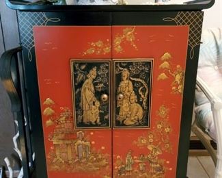 Red chinoiserie audio/storage cabinet . 30"w x 38"h x 21.5"d. (newer - not vintage) 