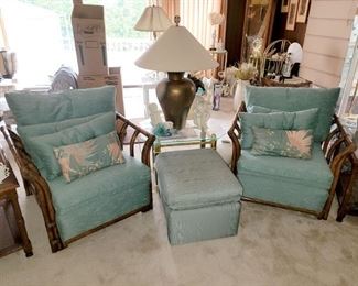 Rattan armchairs 32"w x 31"h x 36"d. Ottoman 