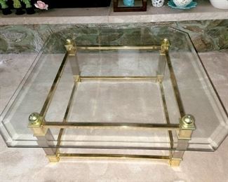 Glass coffee table (two matching end tables). Very solid. 36" X 36" x 14.5"h. 