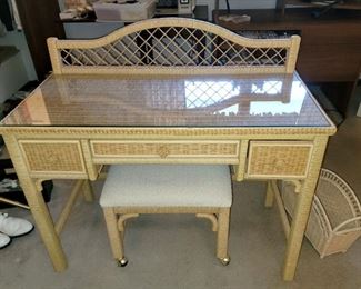 Henry Link wicker desk with glass top and bench on wheels