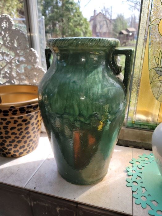 Vintage Tall Green Pottery Porch Vase Oil Jar RRP Co
Bottom marked USA 155.
Robinson Ransbottom Pottery Company.
Green blended drip glaze. 
Rope pattern handles.