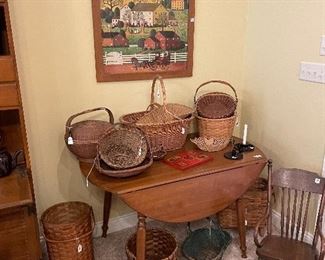 Antique Baskets and Childs Oak Rocker