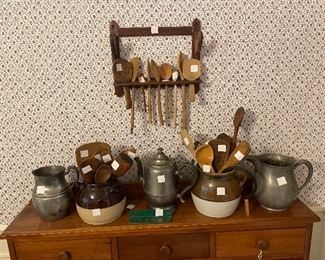 Antique Crocks, Pewter and Wooden Spoons and Paddles