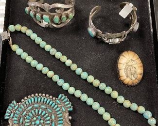 Sand Cast Sterling & Turquoise Cuff, Zuni Petit Point Buckle, Navajo Sterling Cuffs