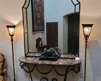 Pair of Oscar Bach torchiere lamps, and wrought iron large mirror and table