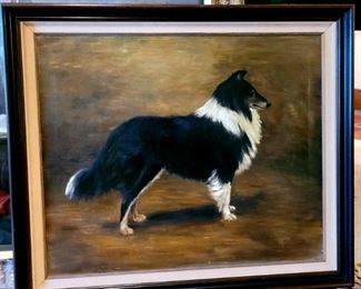 Vintage 1913 oil painting of a collie