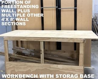 NICE LOOKING, VERY STURDY WORKTABLE WITH LOWER STORAGE.                                                                                                THE WALL MOUNTED BRACKETS IN BACK ARE PART OF A VERY STURDY  ADJUSTABLE WALL RACK.