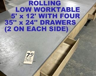8' x 12' ROLLING, LAMINATED TOP WORKTABLE WITH 4 STORAGE DRAWERS BELOW. EXCELLENT PANEL PROPARATION TABLE!!