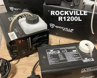 2 CHAUVET FOG MACHINES (Hurricane and another model). 2 ROCKVILLE R1200L FOG MACHINES.