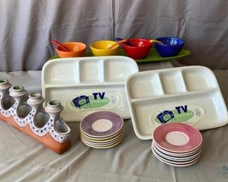 Pottery for Entertaining
Two TV dinner ceramic trays, 13 various color small saucers, salsa dish from Pottery Barn and pottery candlestick