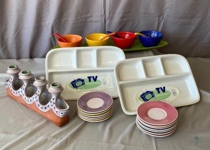 Pottery for Entertaining
Two TV dinner ceramic trays, 13 various color small saucers, salsa dish from Pottery Barn and pottery candlestick