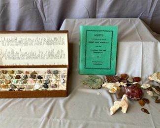 Rock Collection
Box of organized various rocks, Scott's Rock and Minerals book, and separate pieces of rock such as shale, petrified wood, quart, arrowheads and coral