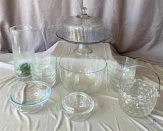 Glass Entertaining
Beautiful lidded cake plate, handled fruit bowl, FireKing small casserole with lid, Pyrex bowl, candle cylinder and salad bowl with 6 small salad bowls