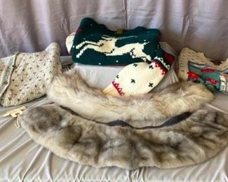 Eddie Bauer Women's Sweaters and Mink Collar
Size medium three women's sweaters, a silver mink collar and fake fur collar