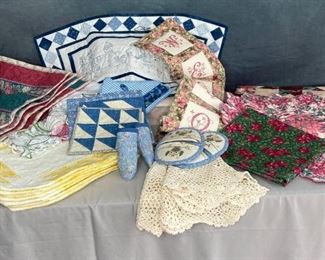 Quilted Items
Machine quilted wall hangings, pot holders, placemats, crocheted doily, and small tablecloth. 25+ items