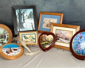 Small Art Pieces
Decorative framed plates by Thomas Kincaid, framed prints, deer antler and jawbone, circular saw art work, 10 items