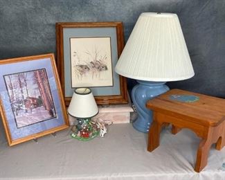 Lamps and Art
2 art prints, 2 lamps, small stool