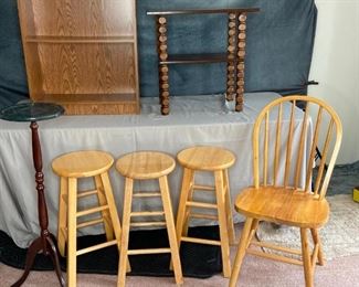 Furniture Items
Laminate shelf, 3 wood bar stools, wood spindle back chair, tall plant stand and wood side table