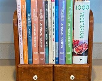 Cookbooks and Stand
Wood stand holds books and has two recipe drawers