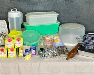 Baking and Tupperware
Nice Tupperware storage, muffin tins and paper cups, cookie racks, rolling pin, Sunbeam hand mixer and bowls, Rubbermaid pitcher and cake saver, porcelain bird sugar shaker