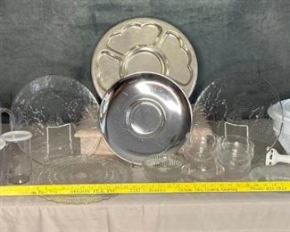 Serving Platters and Pampered Chef
Pampered Chef strainers and storage bowls, serving platters of glass and metal, 6 glass salad bowls, Braun stir mix with attachments, acrylic ice tea pitcher