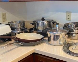 Pots and Pans
Really nice heavy pots and pans, but can't find brand name, matching lids, 2 other skillets and a metal bacon guard, Presto small electric skillet (like new with cord), small pressure cooker