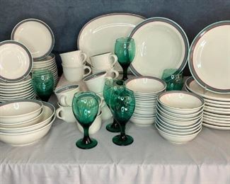 Pfaltzgraff Dishes
Juniper pattern dishes, 12 dinner plates, 5 serving bowls, 16 soup, creamer, bowls, 18 dessert plates, 6 green goblets, 15 saucers, 12 coffee cups