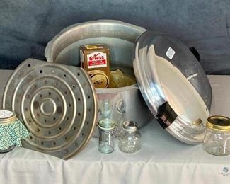 Mirro-Matic Pressure Canner
Pressure canner, 16 quart, Model M0406, holds 7 quart jars and 10 pint jars and 26 half pint jars, PLUS 7+ boxes of jars and lids