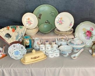 Variety of Dishes
Japanese and Chinese style pieces, lacy porcelain bowl, napkin rings, serving bowls, Pfaltzgraff butter dish, platter and bowl, and more (egg has chip, but can be glued)